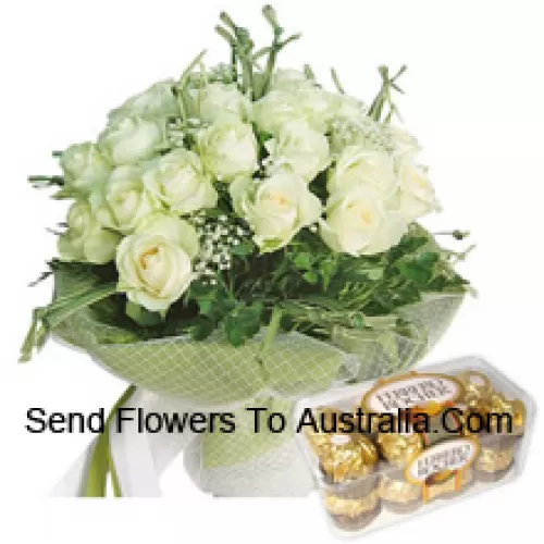 Bunch Of 19 White Roses With Seasonal Fillers Along With 16 Pcs Ferrero Rochers