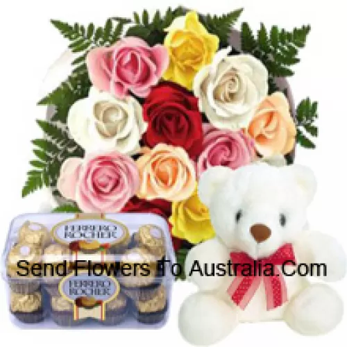 Bunch Of 11 Red Roses With Seasonal Fillers, A Cute 12 Inches Tall White Teddy Bear And A Box Of 16 Pcs Ferrero Rochers