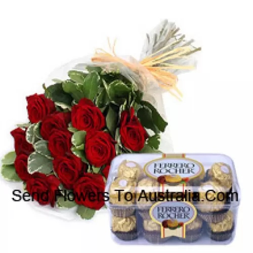 Bunch Of 11 Red Roses With Seasonal Fillers Along With 16 Pcs Ferrero Rochers