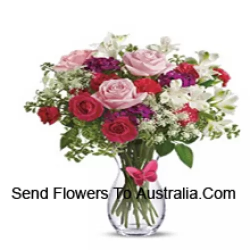 Red Roses, Pink Roses, Red Carnations And Other Assorted Flowers With Fillers In A Glass Vase -- 25 Stems And Fillers