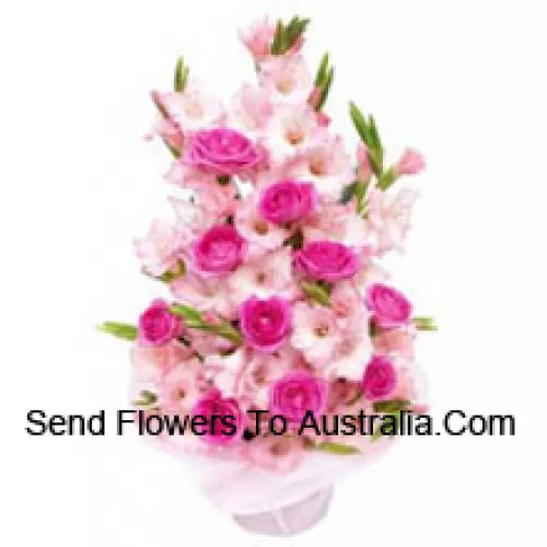 Basket Of Pink Roses And Gladiolus