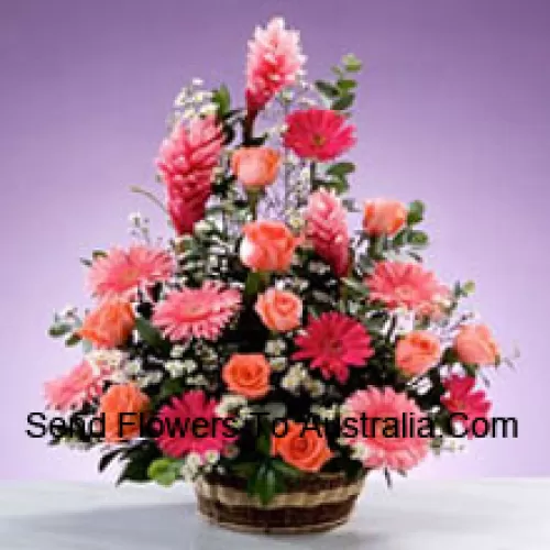 Basket Of Assorted Flowers Including Gerberas, Roses and Seasonal Fillers