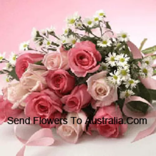 Bunch Of 11 Pink Roses With Purple Statice