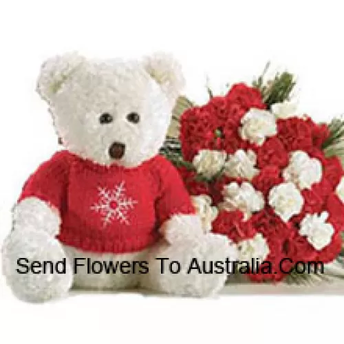 Bunch Of 25 Red And White Carnations With A Medium Sized Cute Teddy Bear