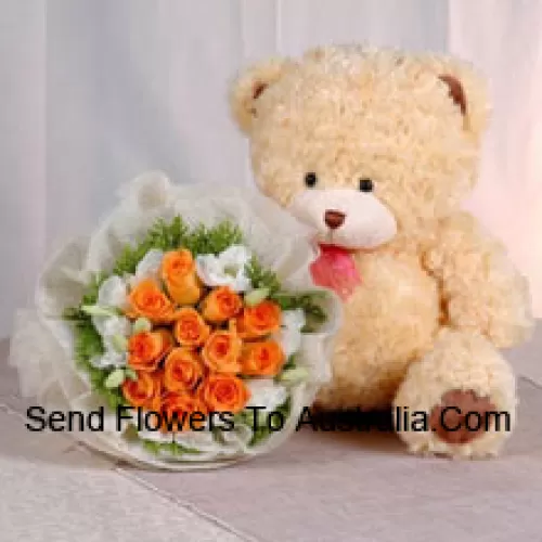 Bunch Of 11 Orange Roses And A Medium Sized Cute Teddy Bear