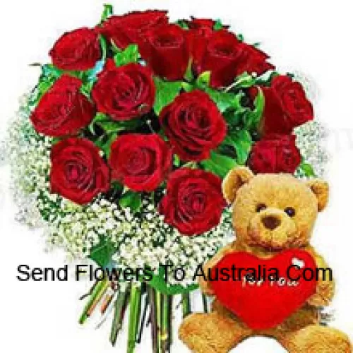 Bouquet de 11 roses rouges avec des remplisseurs saisonniers et un mignon ours en peluche brun de 8 pouces